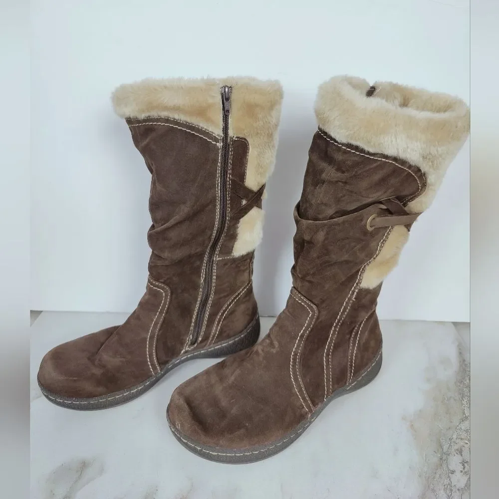 Wear Ever Women's Donner Brown Cream Faux Suede Fur Winter Boots, Sz 8.5